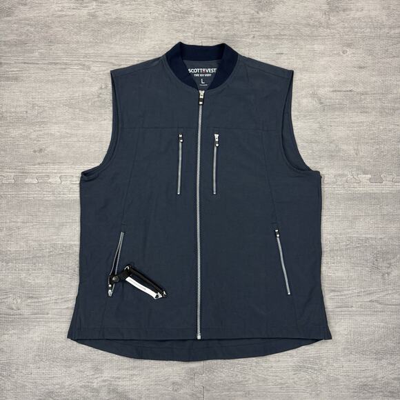 SCOTTeVEST The 101 Vest Men’s L Blue Full Zip Sleeveless Travel Utility Pockets - Picture 1 of 12